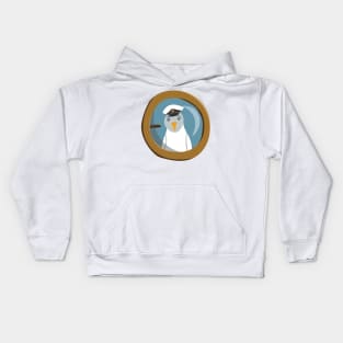 Funny seagull captain behind bull's eye on ship Kids Hoodie